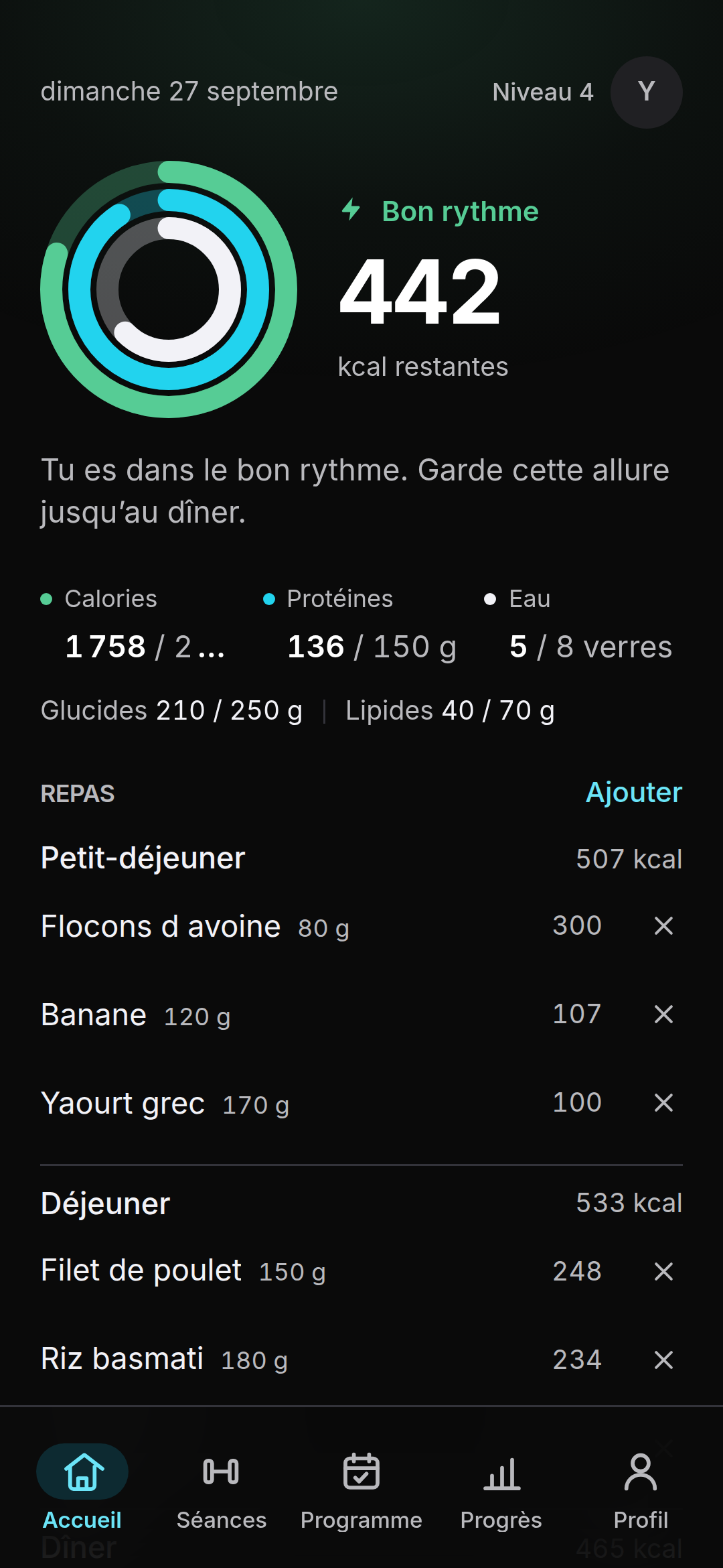 Écran Accueil de Fieat : anneau de calories, macros du jour et repas enregistrés