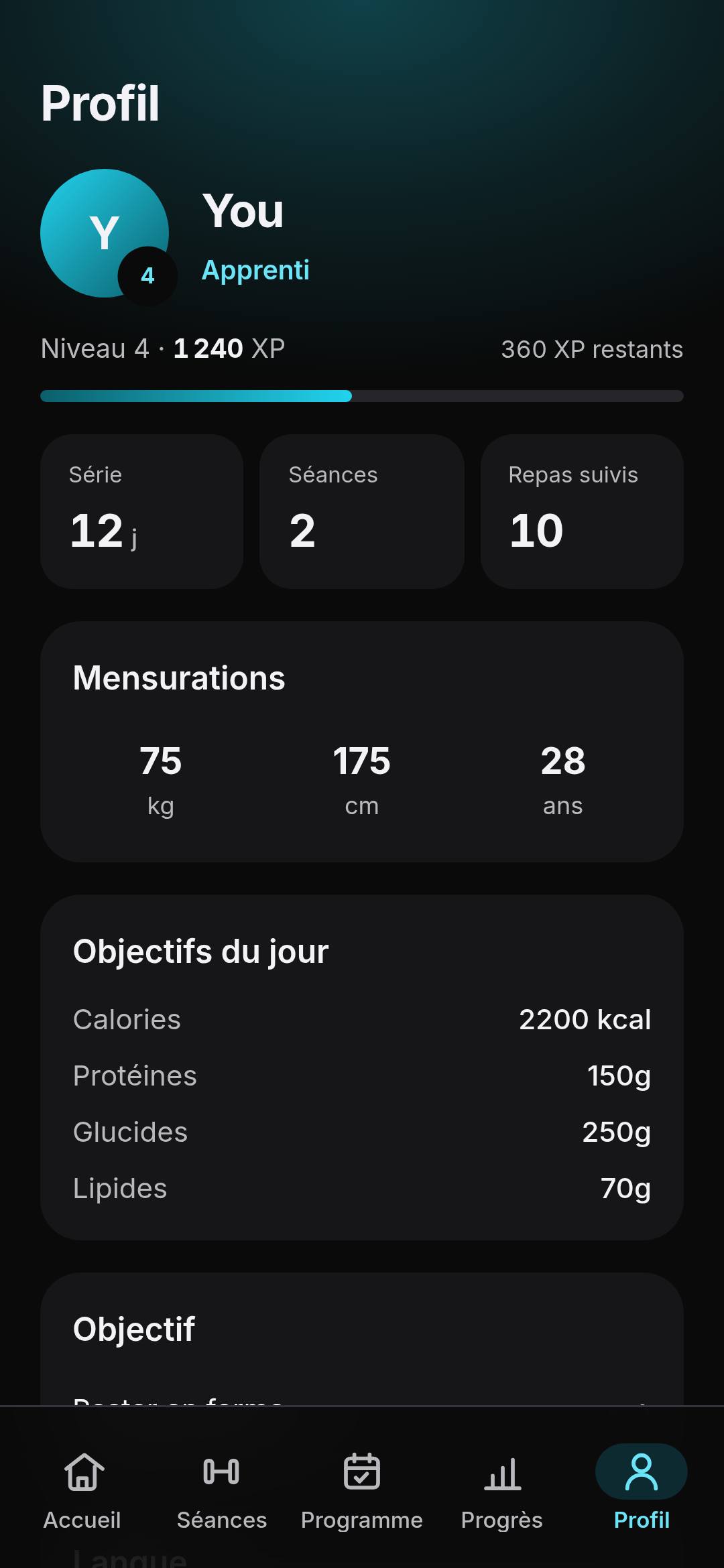 Écran Profil : niveau, série, mensurations