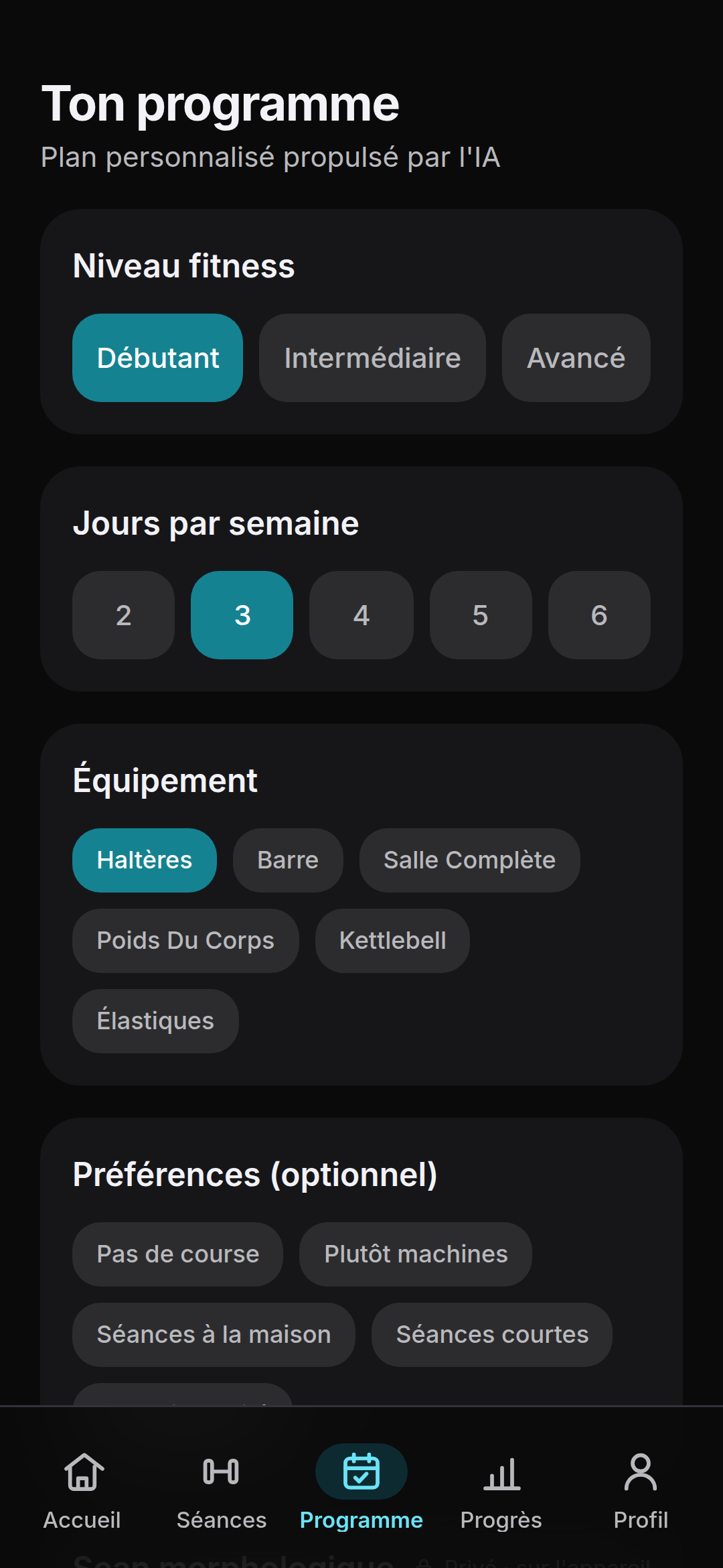 Écran Ton programme : niveau, jours, matériel