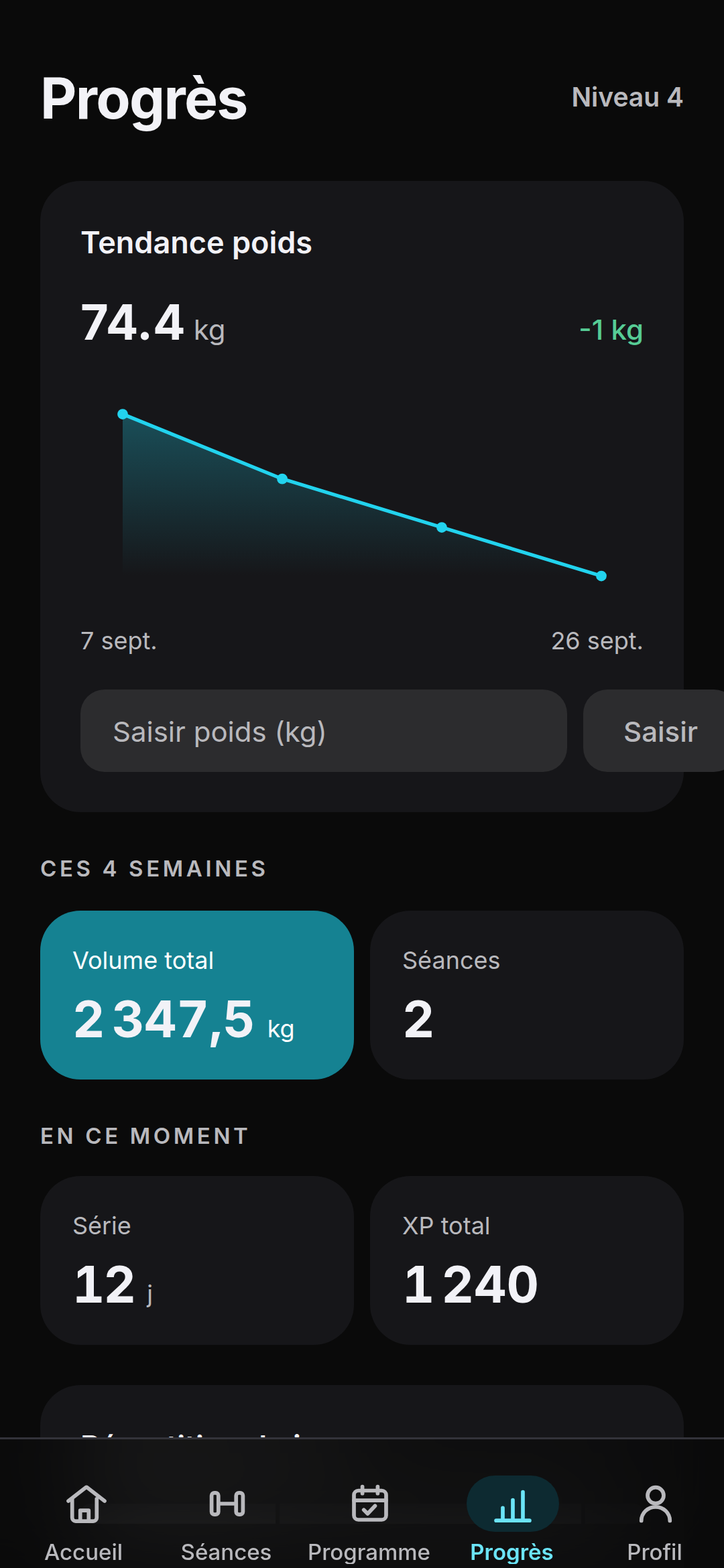 Écran Progrès : tendance de poids, volume, séries et XP