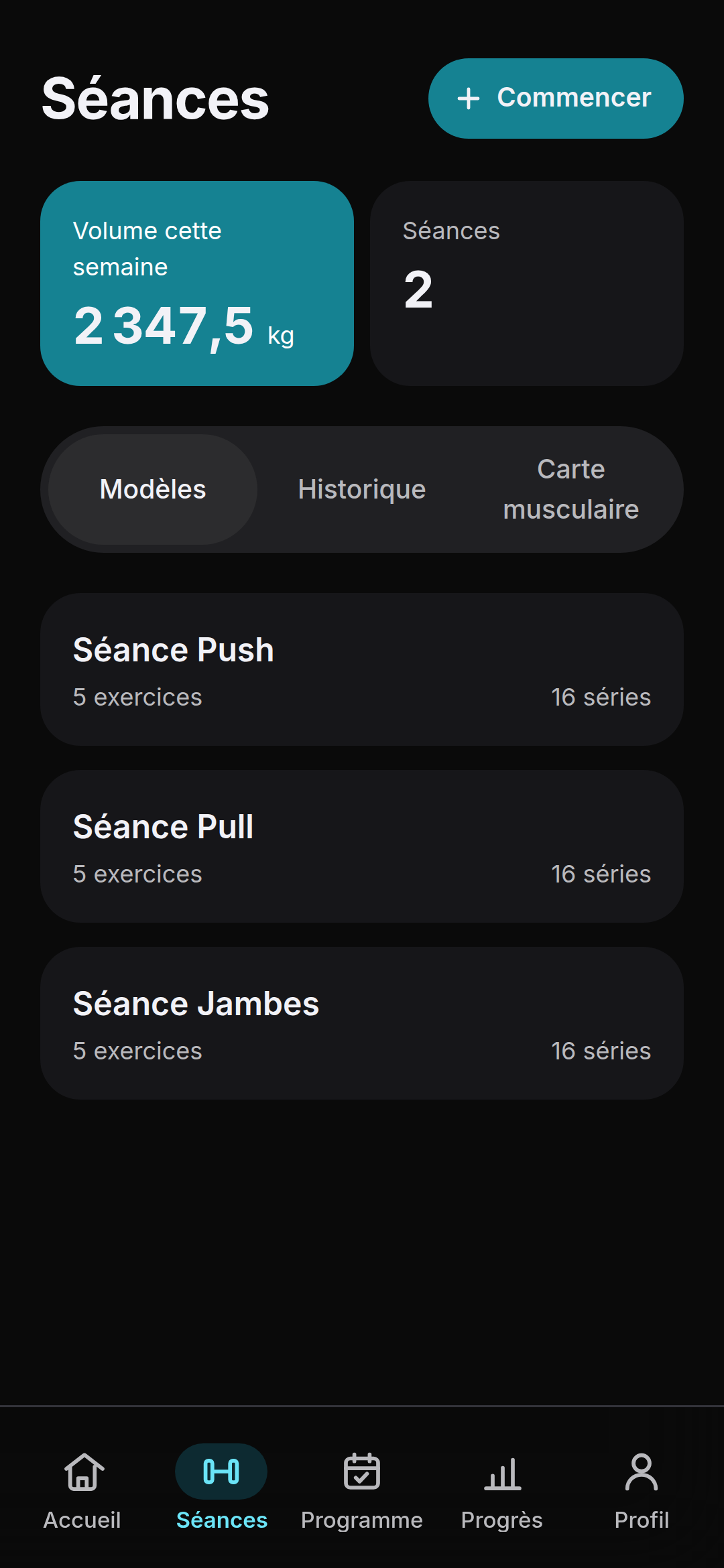Écran Séances : volume de la semaine et modèles Push, Pull, Jambes